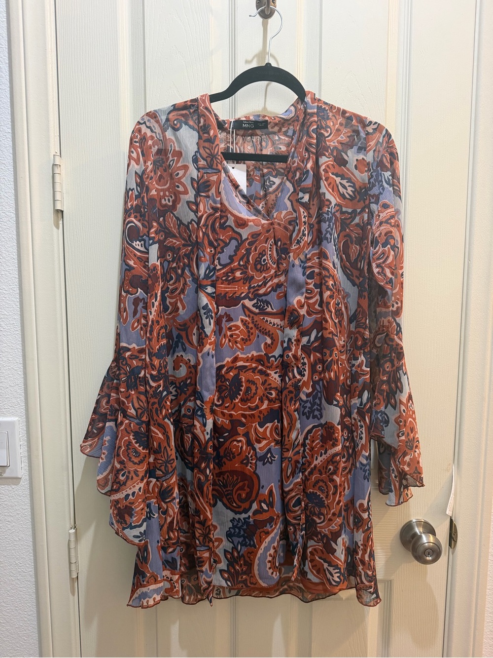 Mango Blue and Rust Paisley Long-Sleeve Chiffon Dress